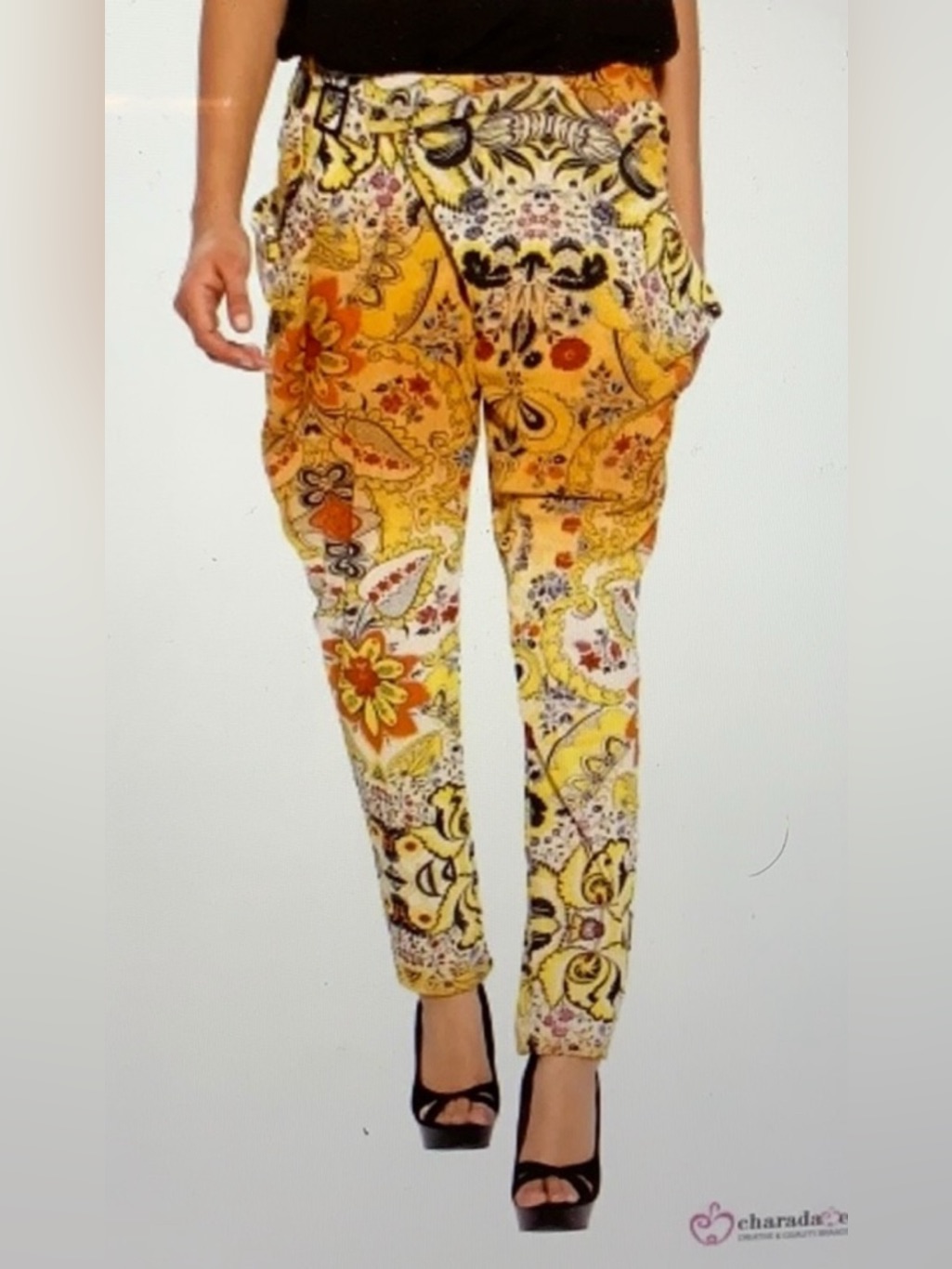 Desigual Paisley Print Side Belt Trousers In Yellow - Size 30